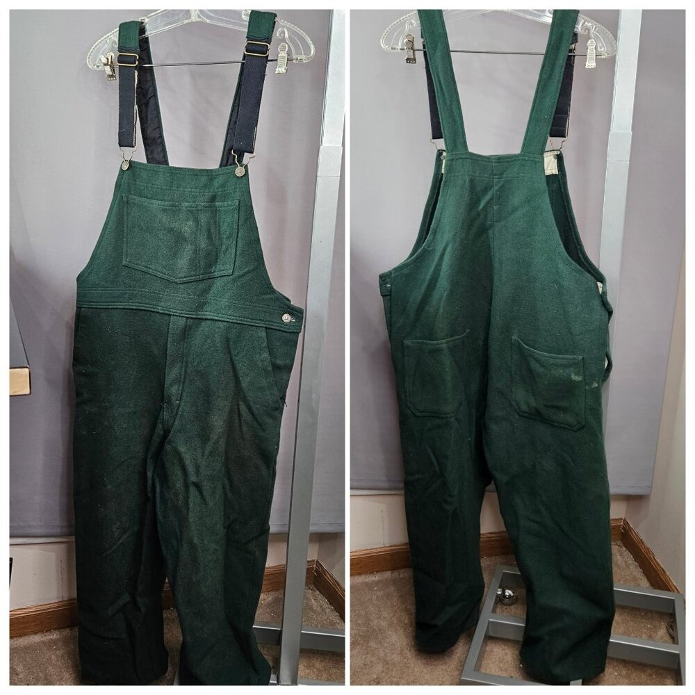 Vint Big Bill Mens Wool Bib Overalls Pants Size L 32 Green Work Hunting Outdoor - Picture 1 of 10